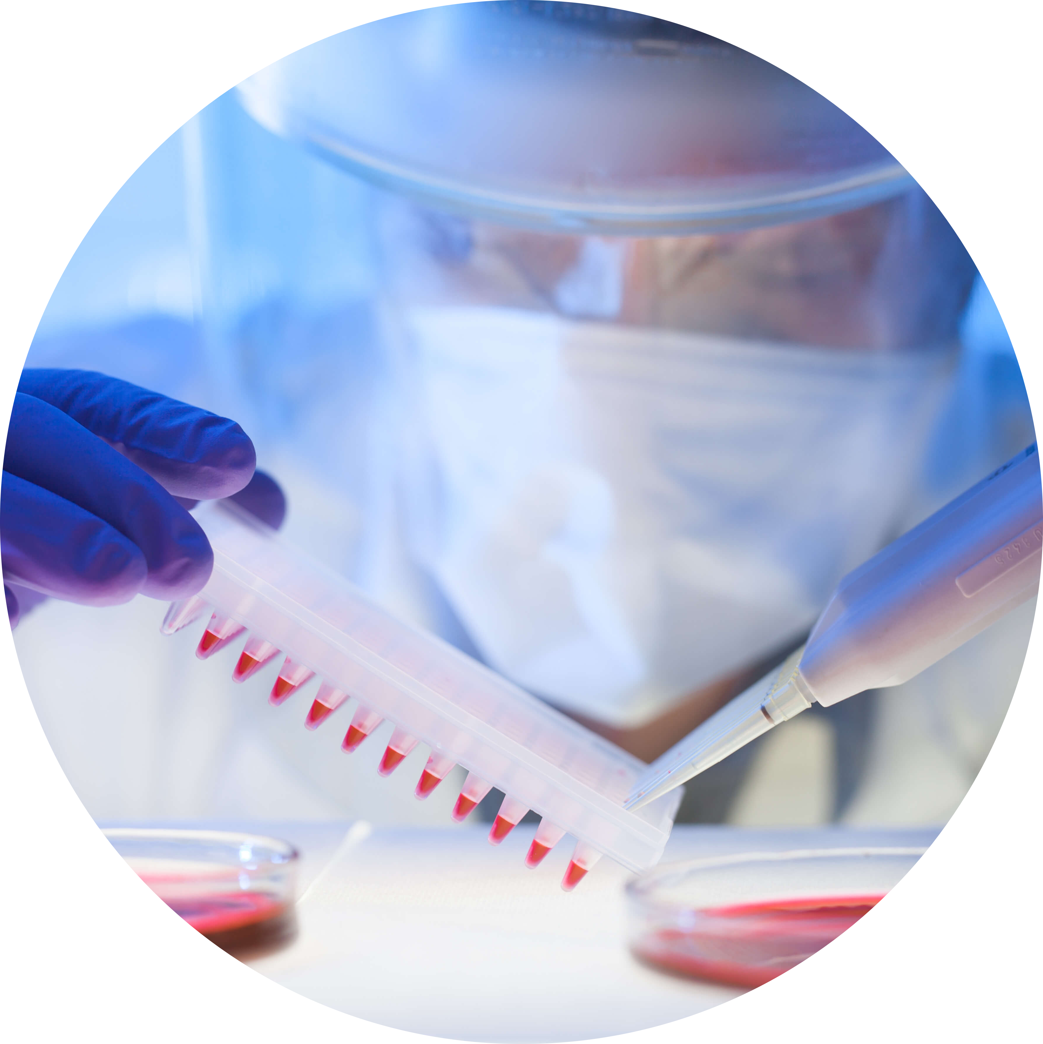 A man in laboratory attire is looking into the lens of a microscope. 